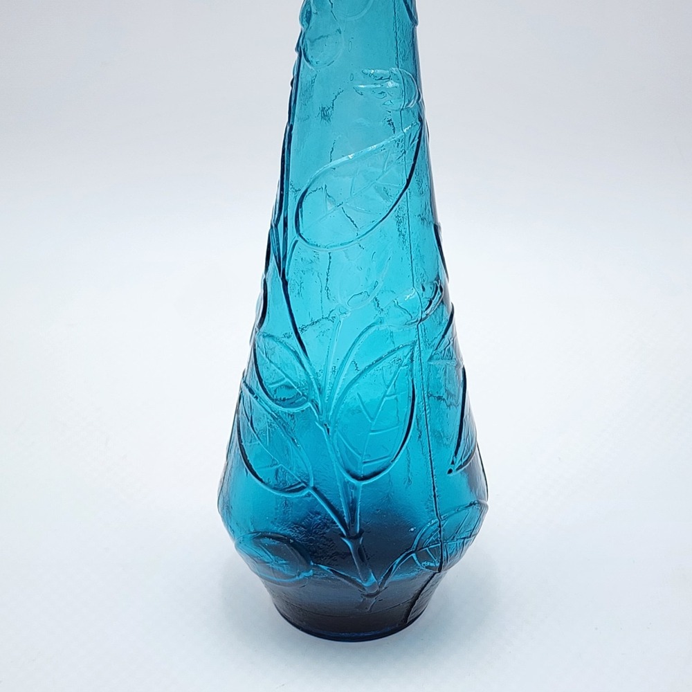 Vintage Empoli Italy Teal Blue Glass Genie Bottle Decanter Butterfly Flowers MCM - Picture 8 of 12
